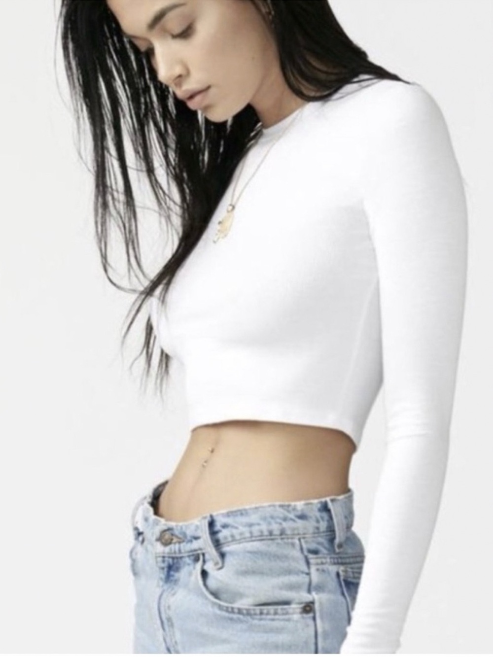 ♡ Joah Brown White FlexRib Fitted Long Sleeve Crop Top